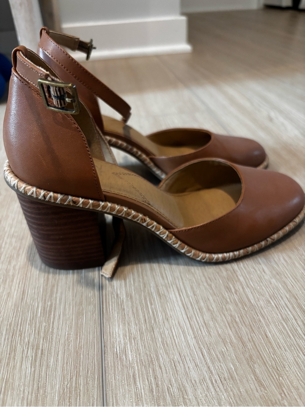 Crown Tan Leather Ankle-Strap Block Heels